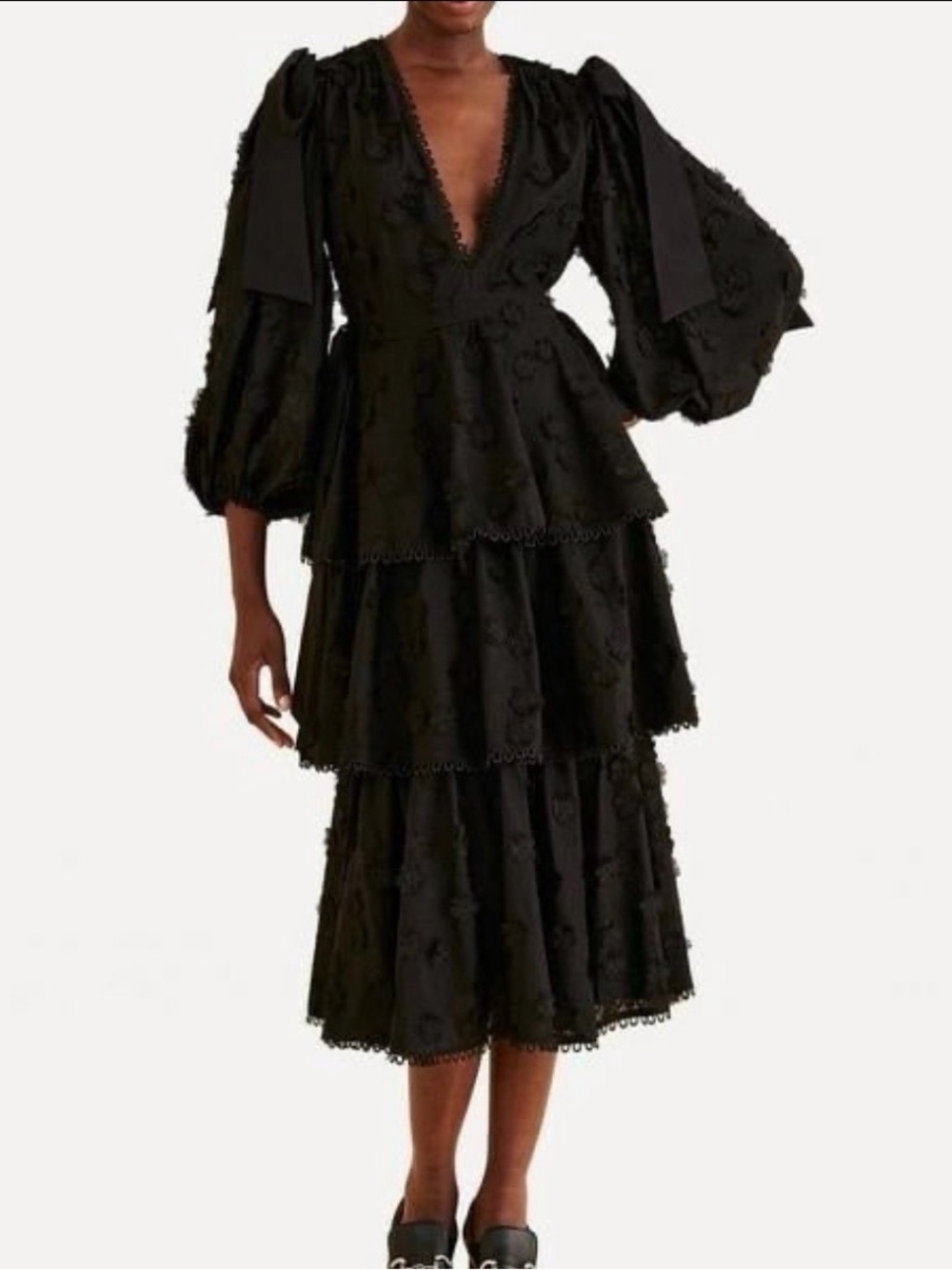 FARM RIO Black Flowers Textured Tiered Ruffle Midi-Dress Sz S Victorian Prairie - Picture 2 of 16
